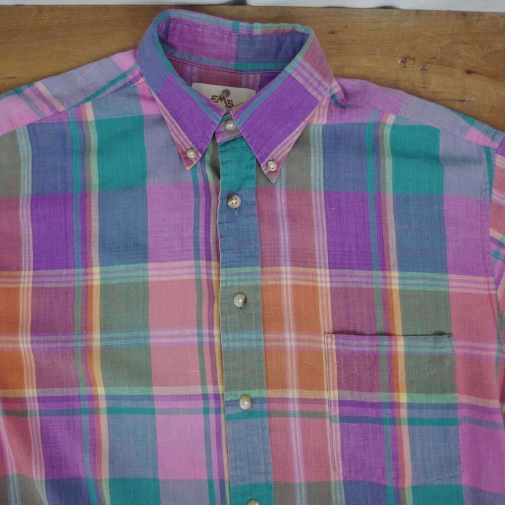 2 USA Made EMS Short Sleeve Madras Plaid Cotton Button Down Collared Shirts - Picture 4 of 12